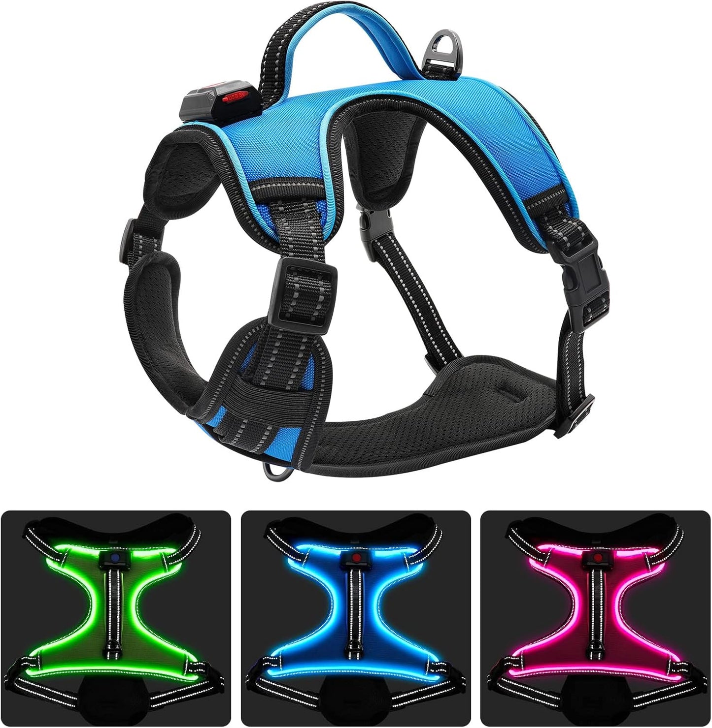 Durable Adjustable LED Dog Harness with Reflective Light for Small, Medium, and Large Dogs (Large, Blue)