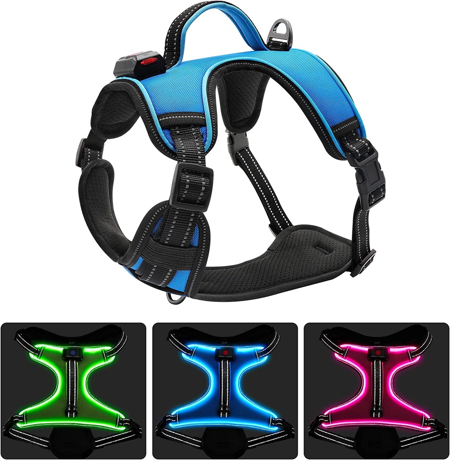 Durable Adjustable LED Dog Harness with Reflective Light for Small, Medium, and Large Dogs (Large, Blue)